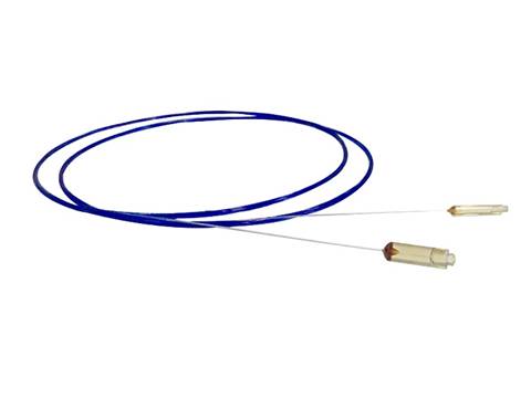 Blue fiber with dual collimator on white background.