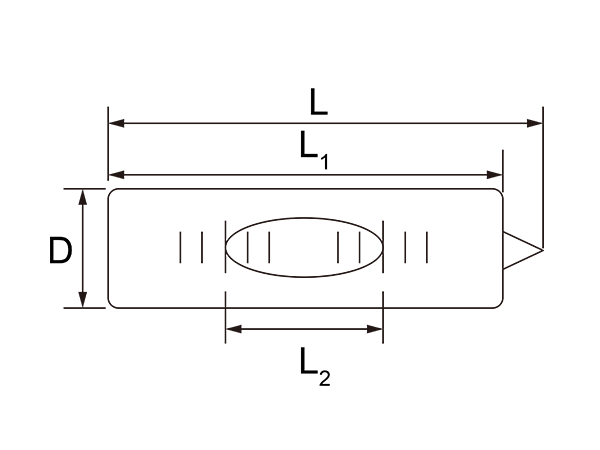 Specification drawing of glass tubular bubble level with a single tip