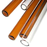 Two clear glass tubes and three amber glass tubes are displayed.