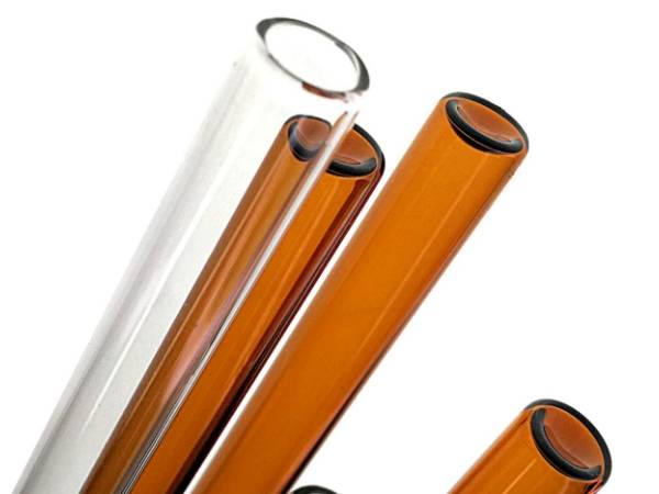 Two clear glass tubes and three amber glass tubes are displayed.