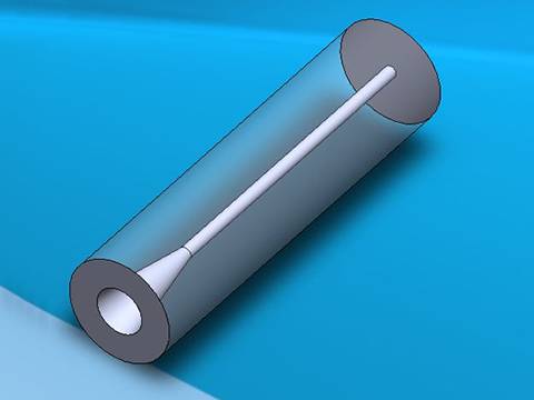 A round micro capillary tube with a cavity inserted on blue background.
