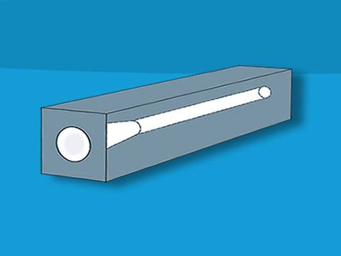 A square precision glass tube with a cavity inserted on blue background.